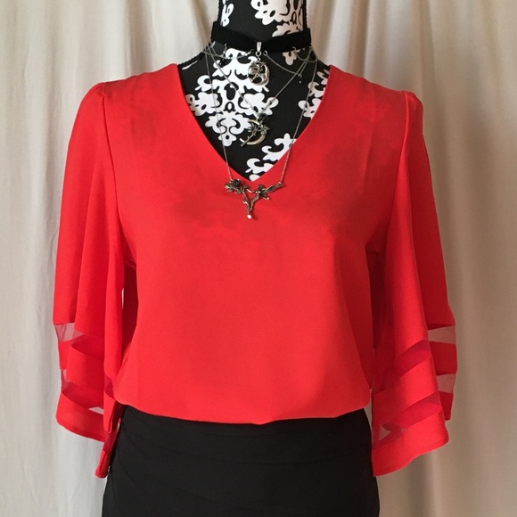 Red Bell Sleeve Tunic Swing Blouse Contrast Mesh Panels on Sleeves, NWOT, Small - Picture 14 of 15